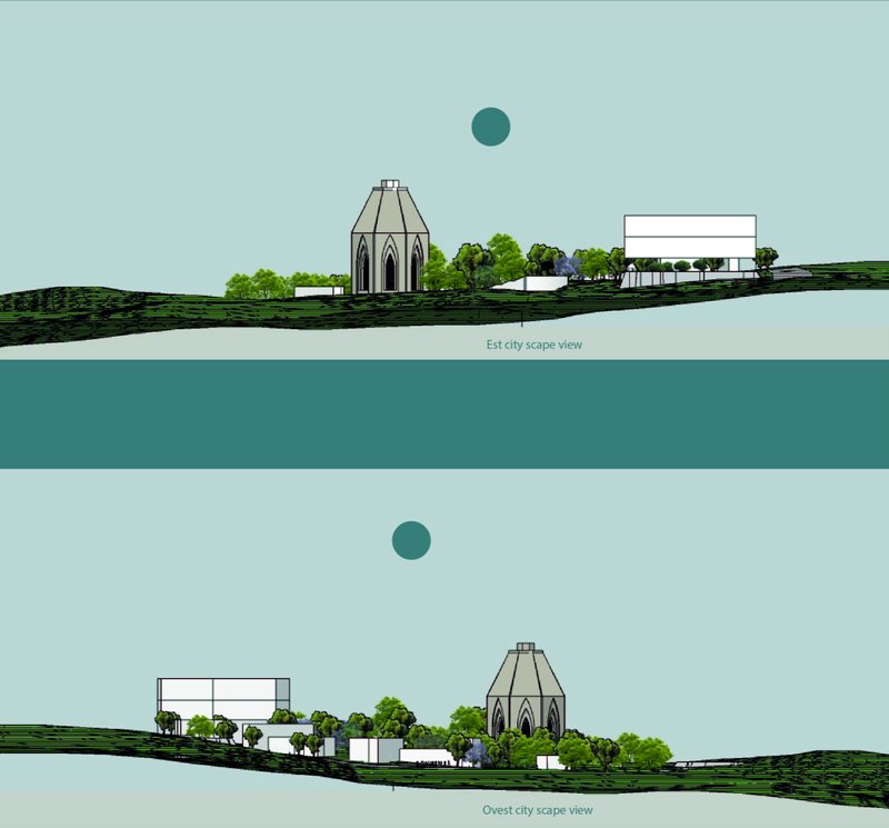 Ground floor plan and sectional studies revealing the chapel's compact form, spatial hierarchy, and relationship with the terrain.