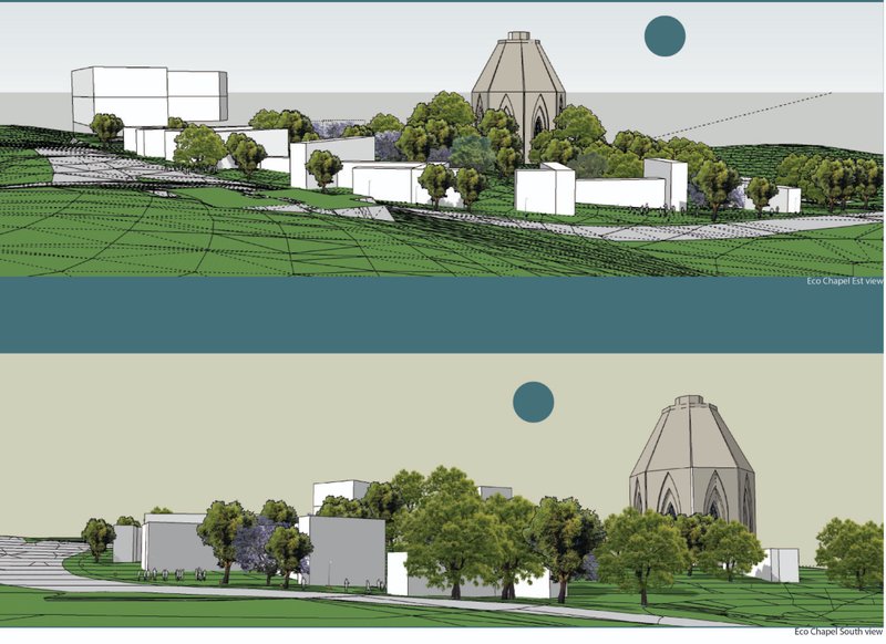 Perspective views illustrating the green synapsy, bioclimatic courtyards, and pedestrian journey linking nature with worship.