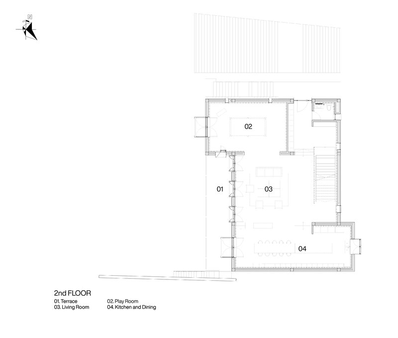 Second floor plan drawing showing living spaces and kitchen opening onto a terrace with louvered screen