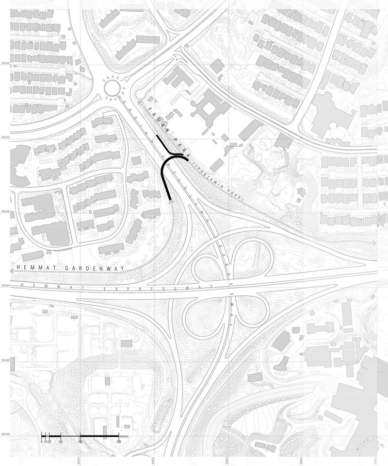 Site plan drawing showing the curved pedestrian bridge path connecting residential blocks and highway infrastructure