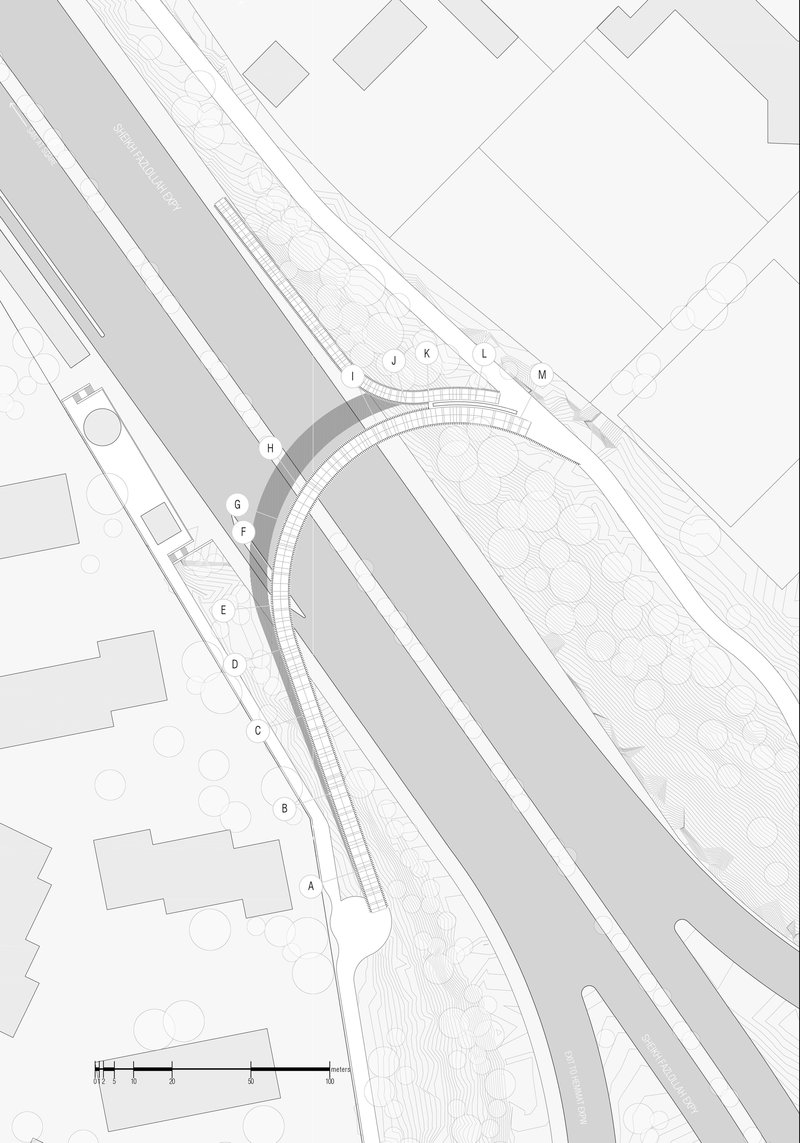 Detailed plan drawing of the curved bridge structure spanning roadways with planted buffer zones