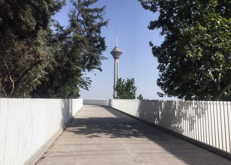 Curved bridge deck with white slatted railings framing a distant telecommunications tower under clear sky