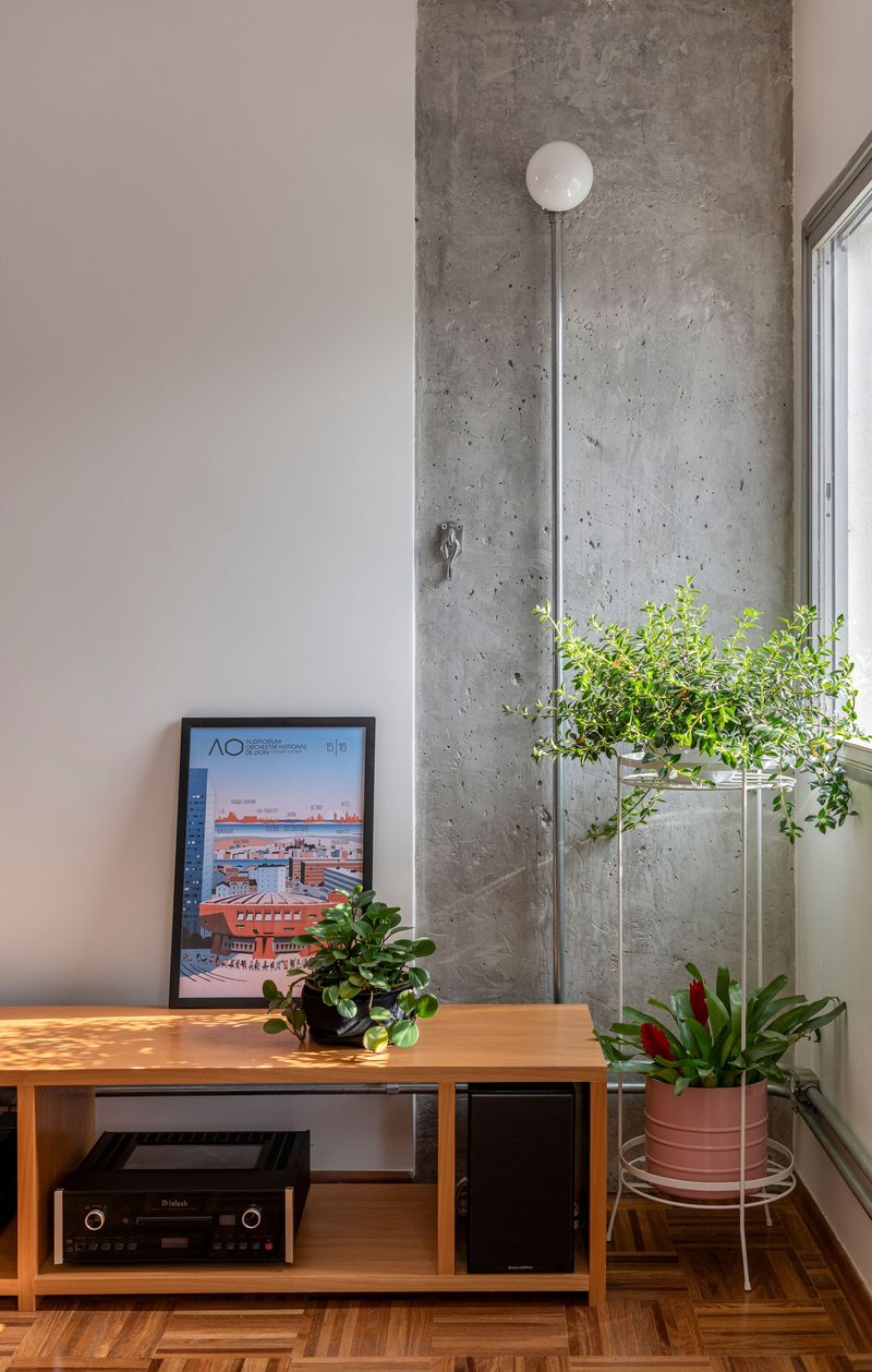 Low credenza with audio equipment and potted plants against exposed concrete column with circular conduit mount
