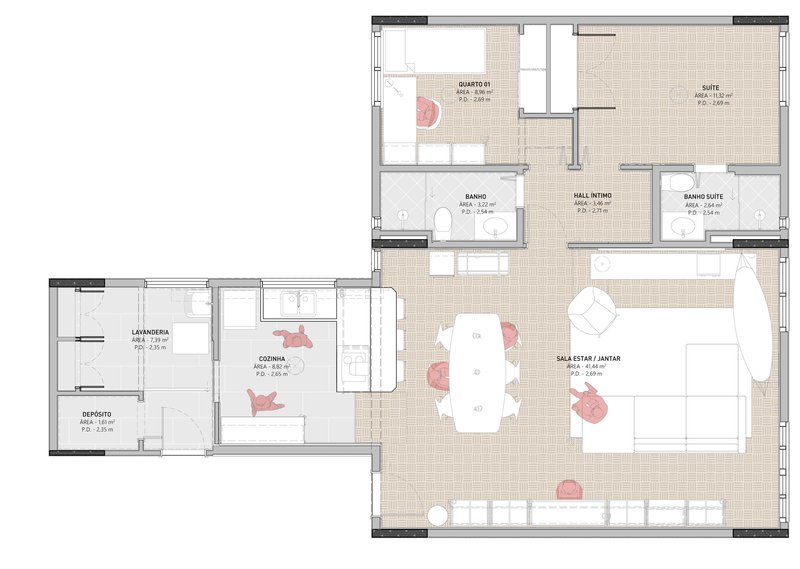Floor plan drawing showing open living and dining area with kitchen wing and two bedrooms