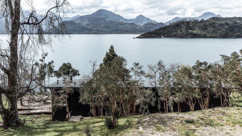 Lake-facing elevation partially screened by native trees with mountains visible across the water