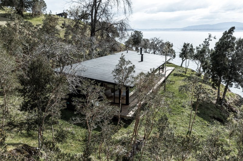 Aerial view of a low-pitched roof structure nestled among trees on a sloping hillside overlooking water