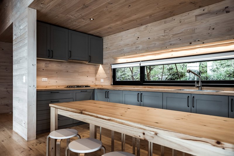 Kitchen interior with charcoal cabinets, timber ceiling and horizontal window framing forest views
