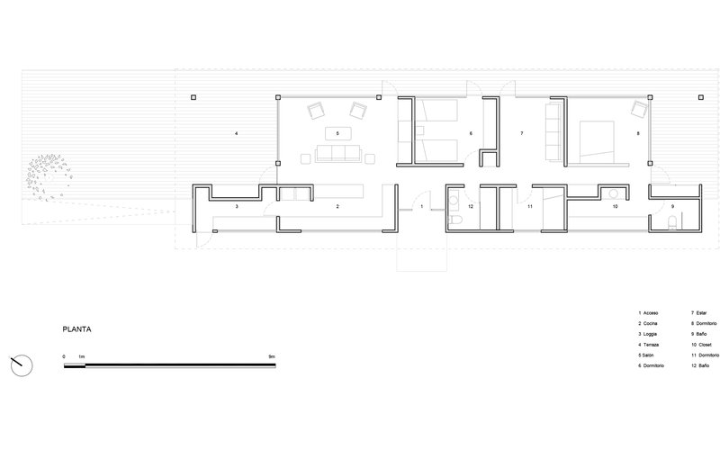 Floor plan drawing showing living areas, bedrooms and bathrooms in a narrow rectangular layout