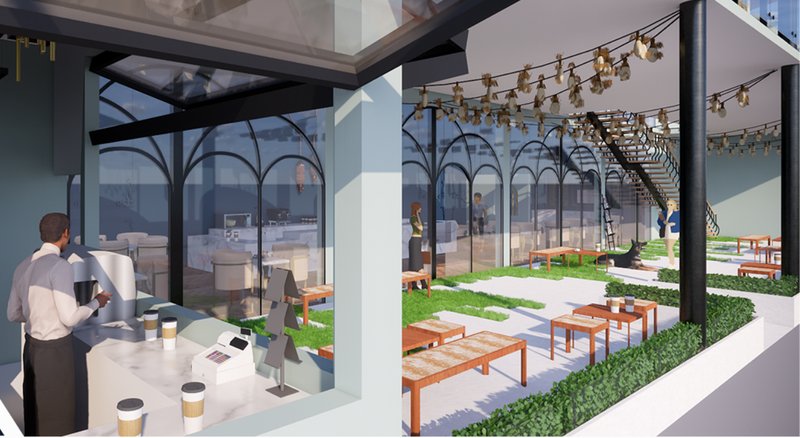 The takeaway counter connects indoor and outdoor experiences, serving commuters while maintaining visual engagement with the café.