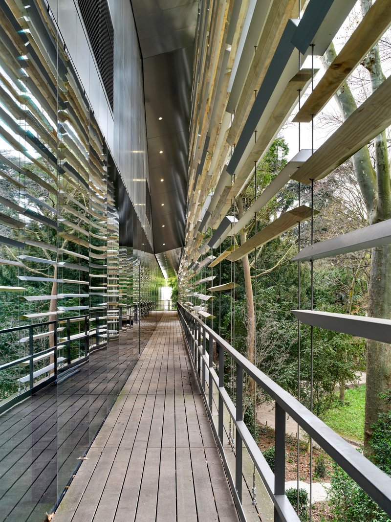 Timber deck walkway enclosed by horizontal louvers and timber slat ceiling overhead