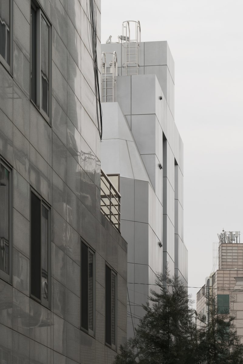 Side elevation showing the white paneled volume rising above neighboring rooftops on an overcast day