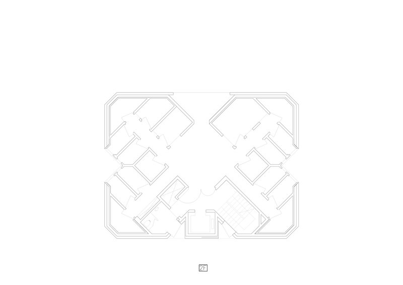Floor plan drawing showing symmetrical arrangement of angled rooms around a central open space with chamfered corners
