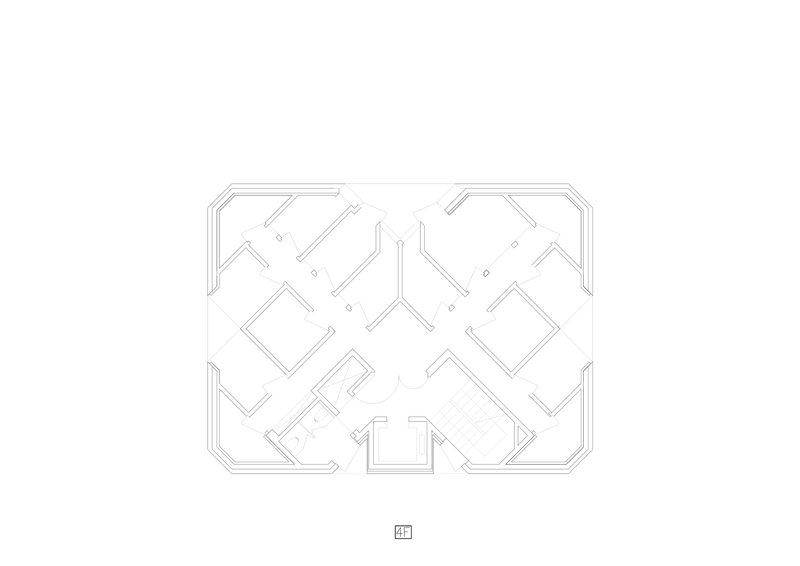 Floor plan drawing illustrating diagonal partitions organizing interior spaces within a rounded rectangular perimeter