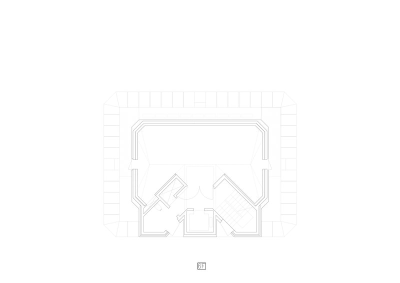 Floor plan drawing with a colonnade or arcade surrounding a smaller interior footprint with angular room divisions