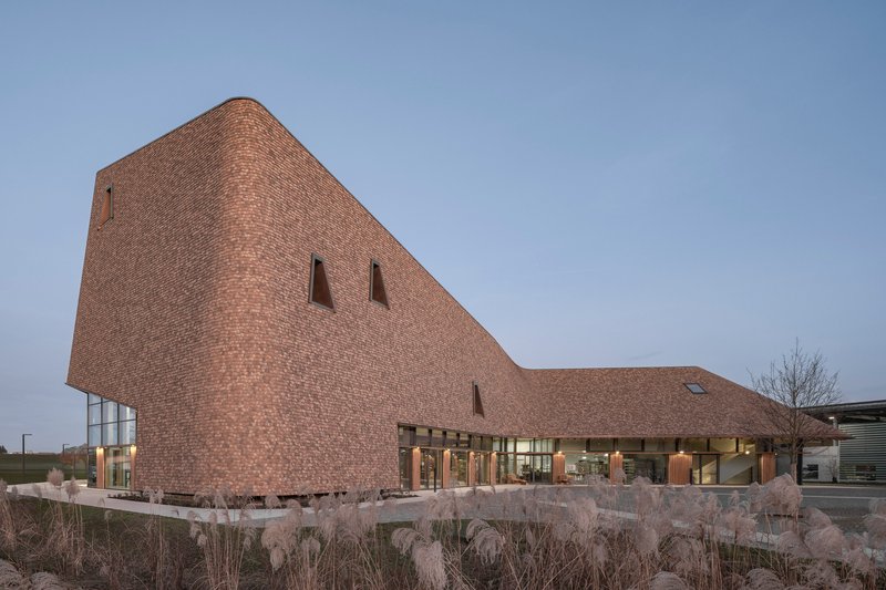 Shingled facade with narrow vertical windows above a planted bed with ornamental grasses