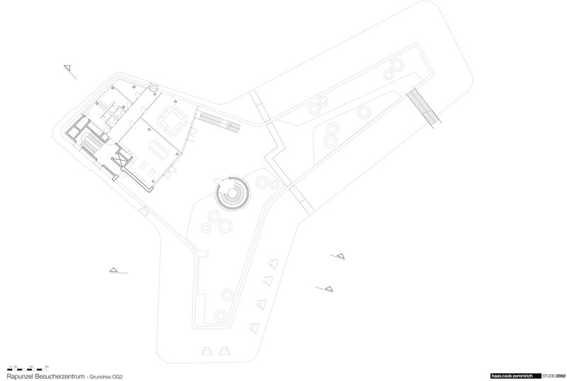 Floor plan drawing showing the Y-shaped form with circular plantings in the exterior landscape area
