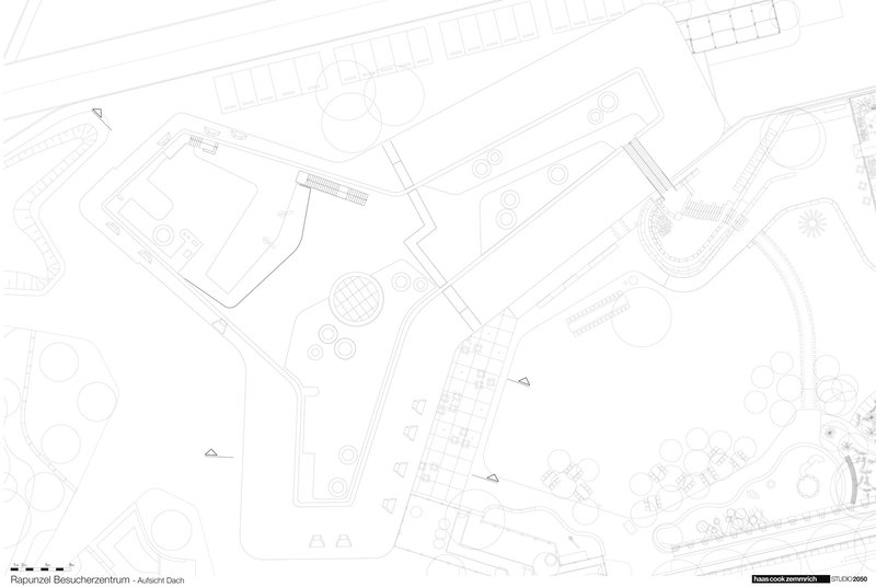 Site plan drawing showing the Y-shaped building within its surrounding context and street network