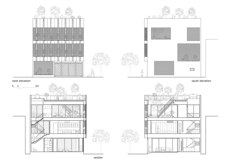 Elevation and section drawings showing the screened facade with rooftop trees and internal circulation