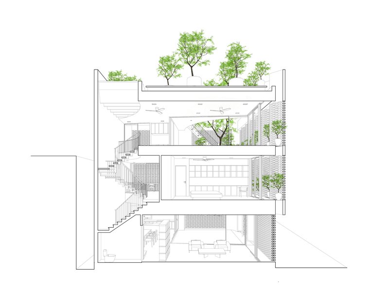 Section drawing revealing staggered interior levels with planted terraces and perforated screening