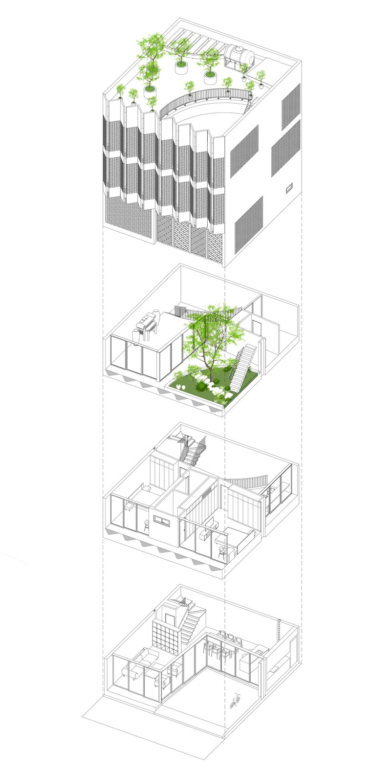 Exploded axonometric drawing showing four levels from rooftop garden down through interior spaces