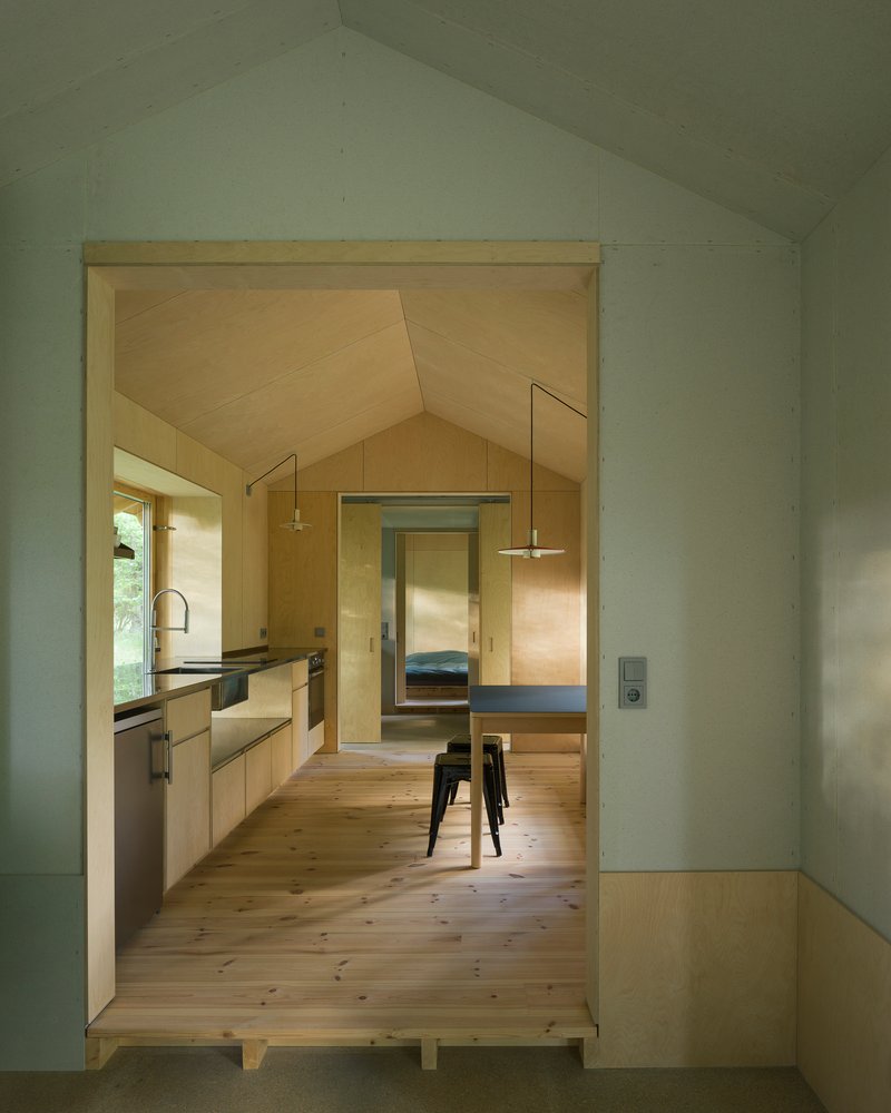 View through a doorway revealing the plywood-lined kitchen and dining space with pendant lights