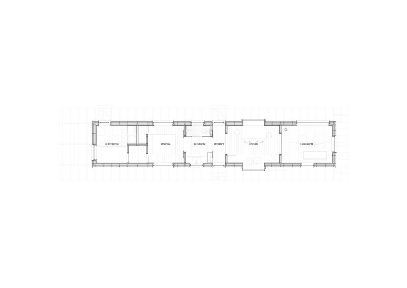 Floor plan drawing showing a linear arrangement of five rooms with labeled functions