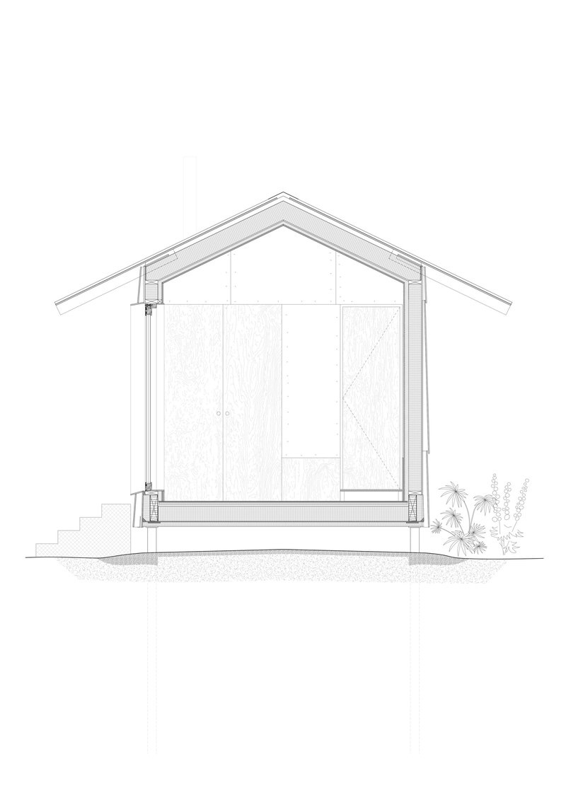 Elevation drawing depicting the gabled entry facade with timber cladding and planted groundcover