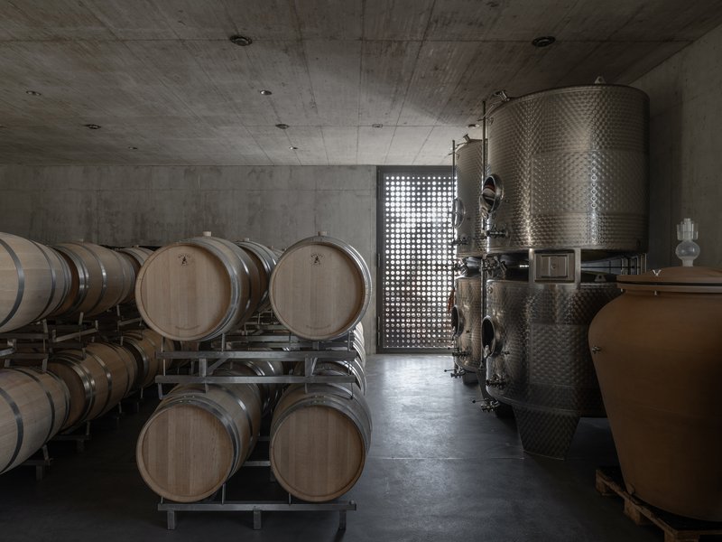 Rows of oak wine barrels on metal racks beside steel tanks in a concrete cellar
