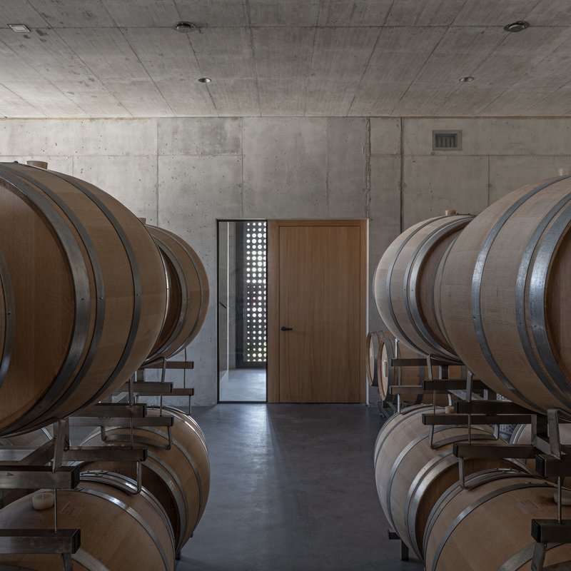 Symmetrical view of oak barrel rows flanking a timber door with a perforated screen beyond
