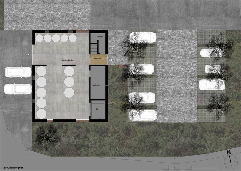 Ground floor plan showing interior storage rooms and exterior parking with deciduous trees