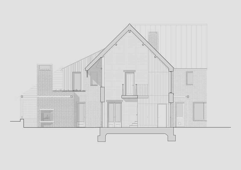 Section drawing revealing a gabled central volume flanked by brick and vertical board-clad additions
