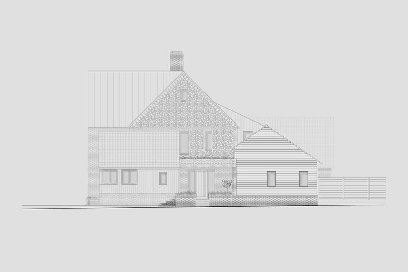 Elevation drawing of clustered gabled volumes clad in brick and horizontal siding with planted beds