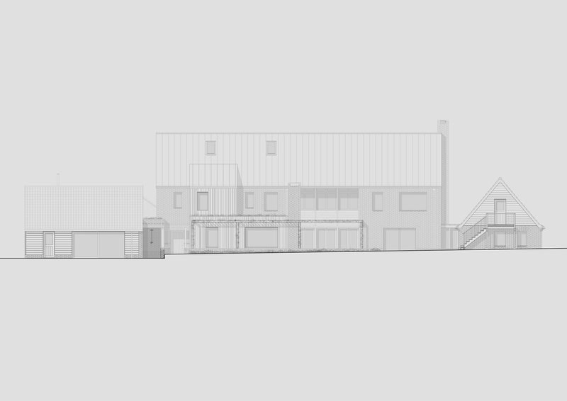 Elevation drawing of vertical-clad volumes with punched windows and a gabled ancillary structure