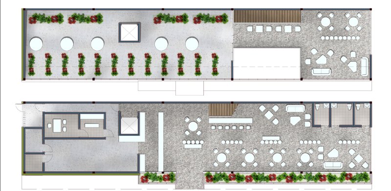 Floor plans highlighting the café layout, greenhouse planting zones, public seating areas, service spaces, and circulation.
