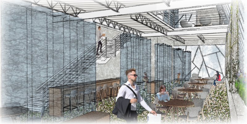 Interior café view showing greenhouse seating, exposed structure, planted flooring, and a layered industrial green atmosphere.