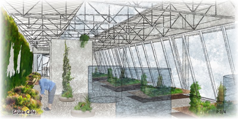 Greenhouse garden area with water tanks, vertical planting, and glazed façades supporting passive climate design.