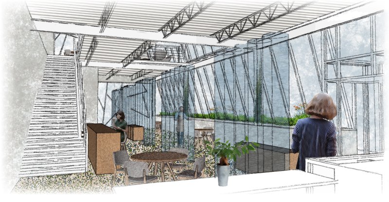 Café interior connecting seating, planting beds, daylight, and transparent partitions within a productive greenhouse setting.
