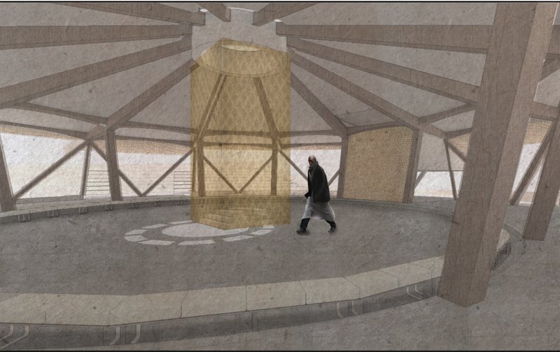 The chapel interior uses timber structure, filtered light, and a central sacred volume to express spiritual focus.