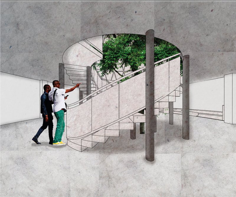 A shaded interior stair frames vegetation as part of the visitor’s movement through the Water Dome.