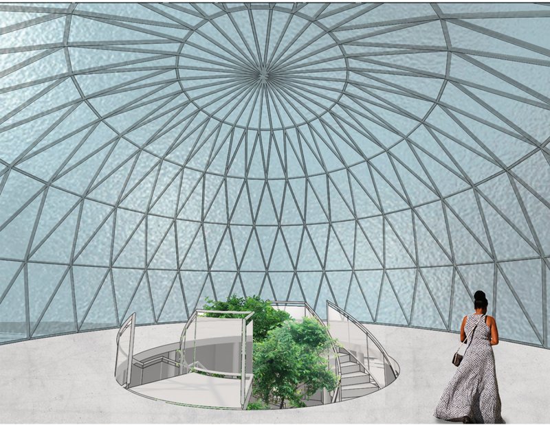 The dome interior creates a contemplative atmosphere through filtered light, structure, water, and planting.