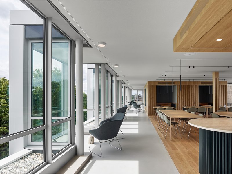 Interior hallway along the glazed facade with timber-lined dining area in afternoon light