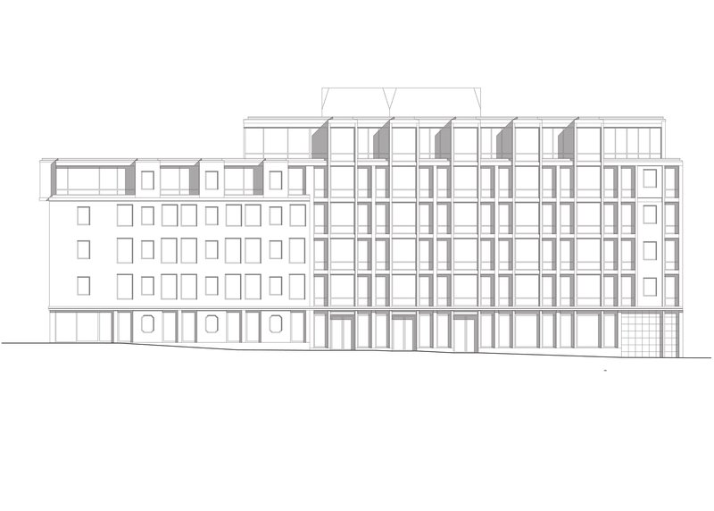 Elevation drawing showing a multi-story building with a grid facade and a lower masonry wing