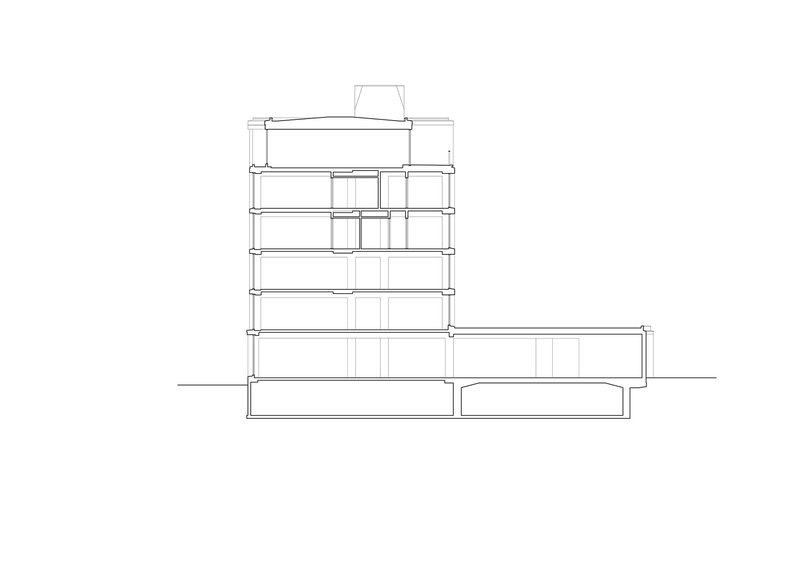 Section drawing through a tower volume with a central glazed core and horizontal floor plates