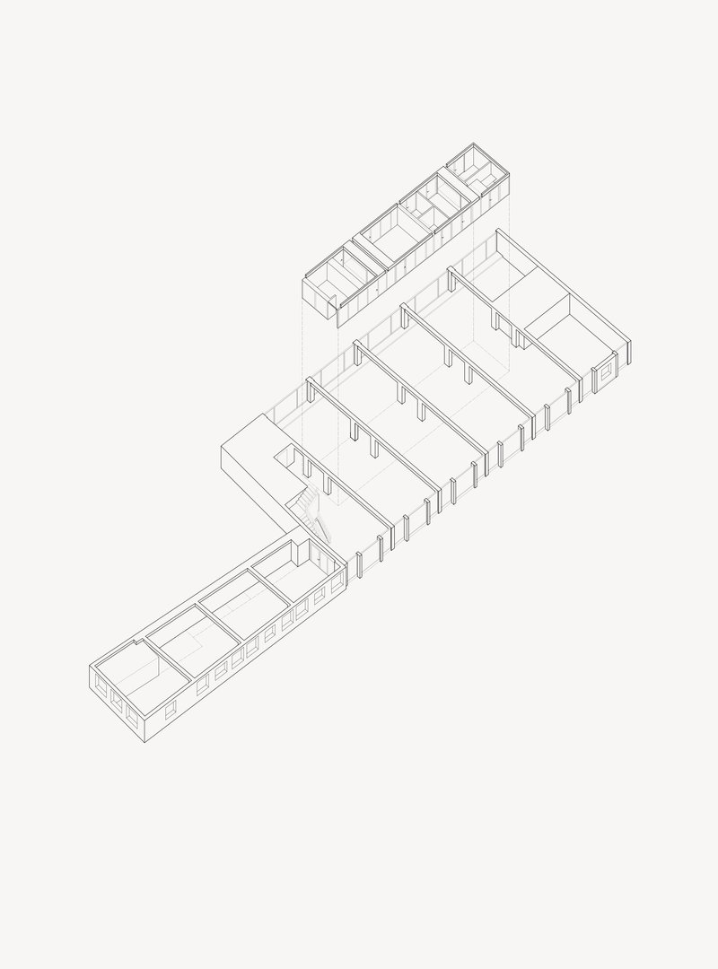 Axonometric drawing showing a detached rooftop addition above the four parallel volumes below