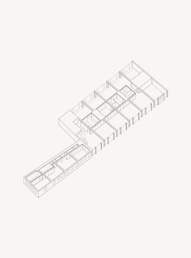 Axonometric drawing showing a linear building with repetitive room modules and a central circulation spine