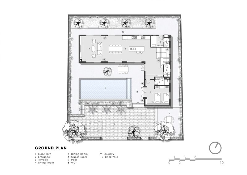 Ground floor plan drawing showing living spaces arranged around a central pool and courtyard