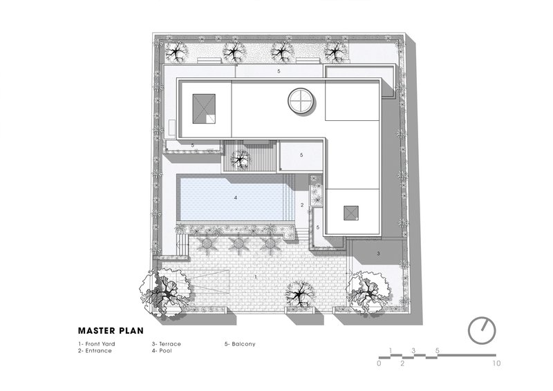 Master site plan drawing showing the building footprint with pool and surrounding landscape zones
