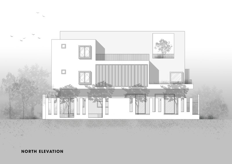 North elevation drawing showing stacked volumes with planted balconies and vertical slat screens in misty surroundings