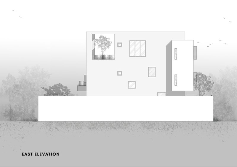 East elevation drawing showing white staggered volumes with scattered windows and rooftop terraces with trees