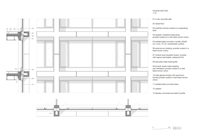 Facade section drawing showing layered wall assembly with insulated metal panels and triple glazed windows